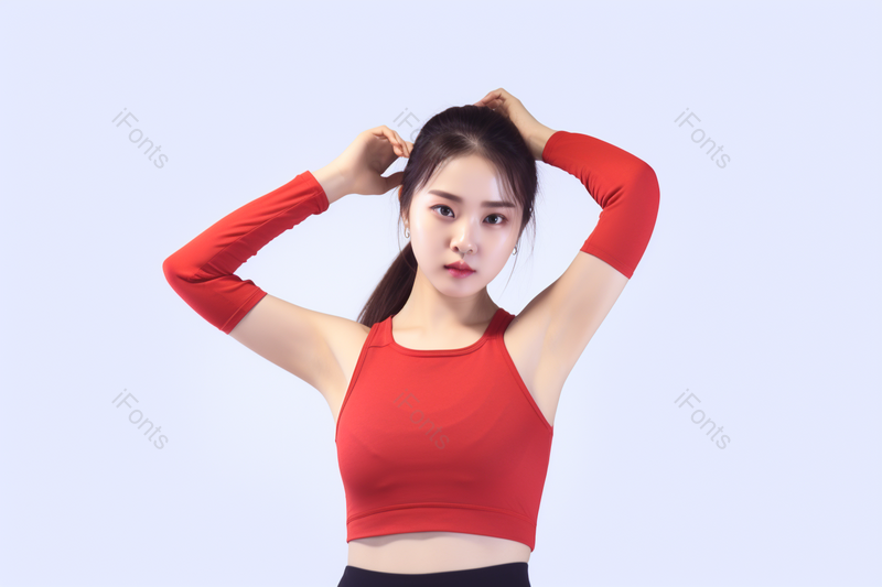 拉伸运动的健身红衣女性照片素材,高清,摄影图,摄影图片,图片大全,摄影图免费下载